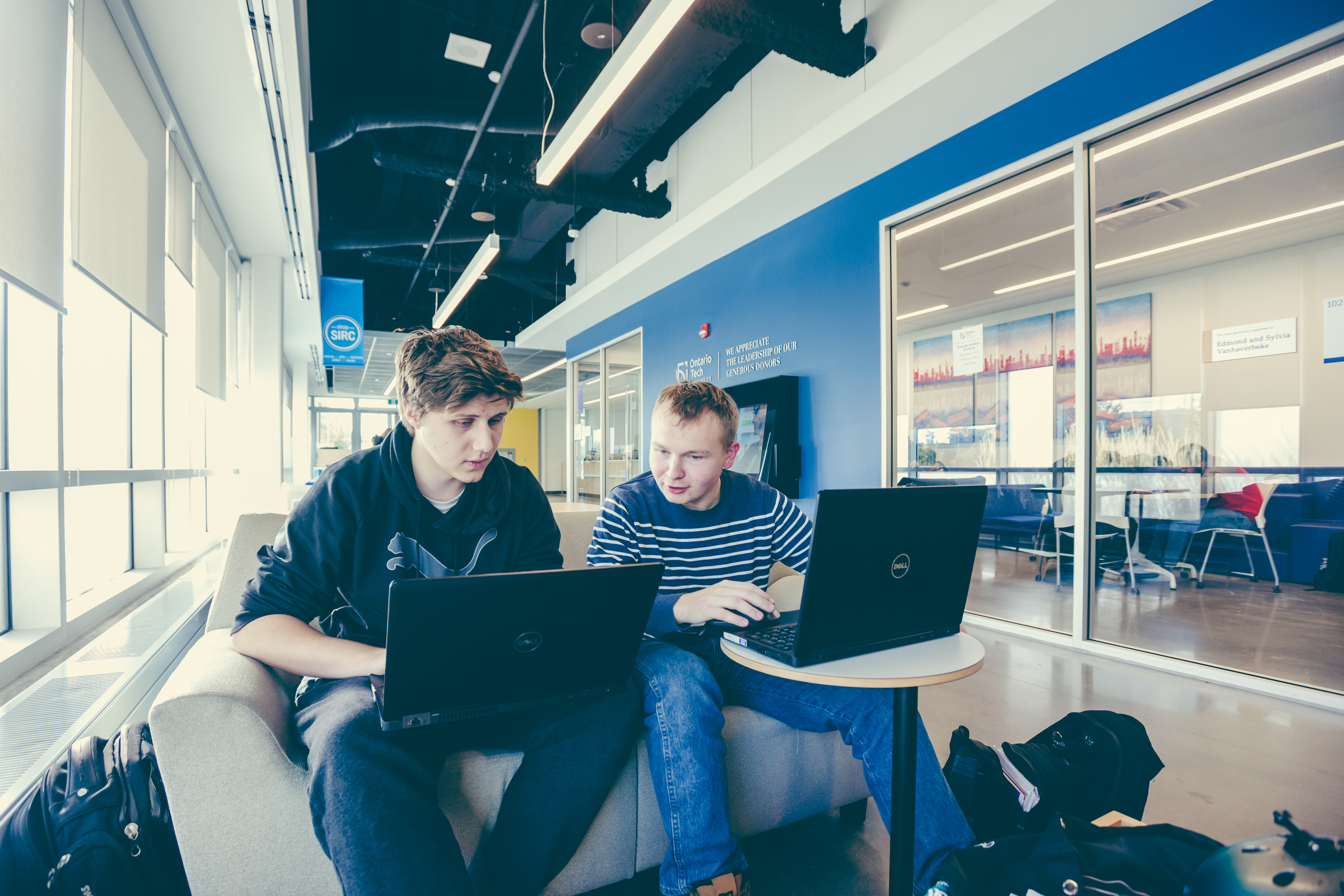 Two students are studying on something with their laptops